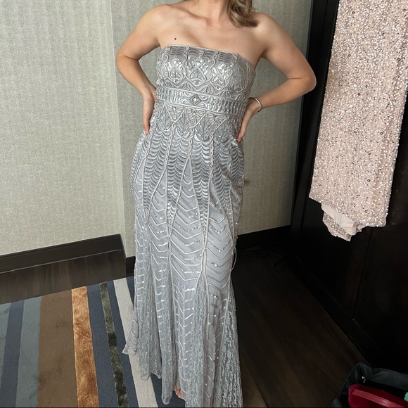 sue wong silver dress Sue Wong Grey Silk Beaded Dress